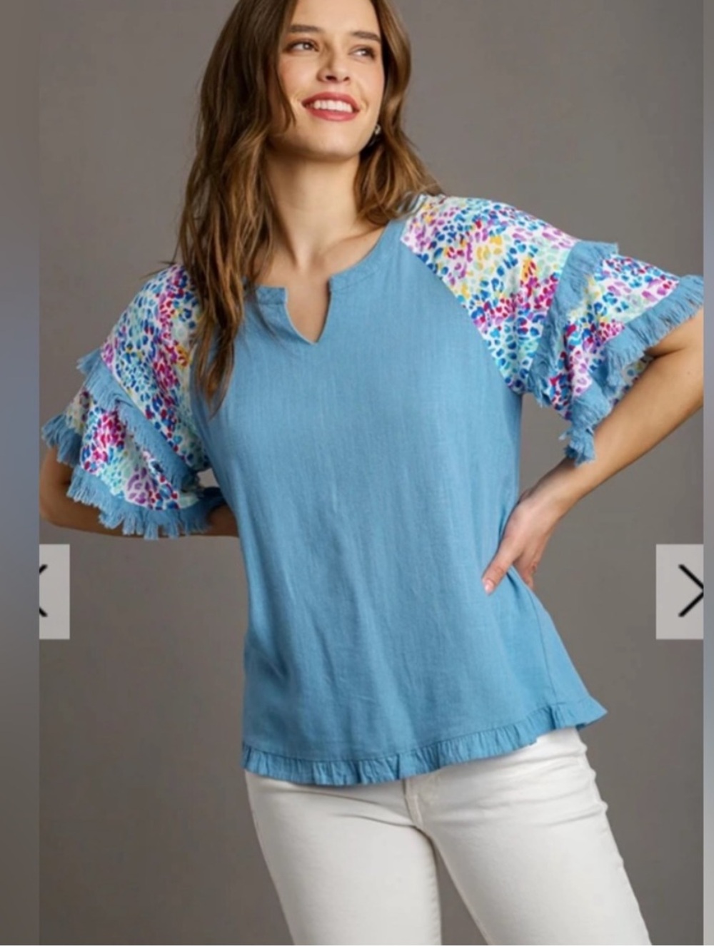 $60 NWOT Umgee LinenBlend Raw FringeHem TUNIC animal print colorful spots M